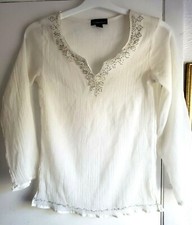 Vintage Ivory Delicate Beaded Upper  Hem Small 34" Bust V Neck Top