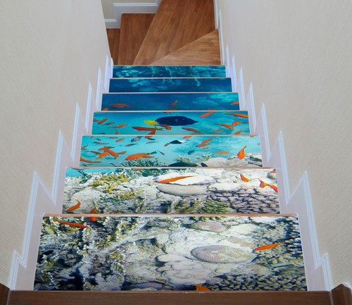 3D Grün Baum Fisch Stair Risers Dekoration Fototapete Vinyl Aufkleber Tapete DE