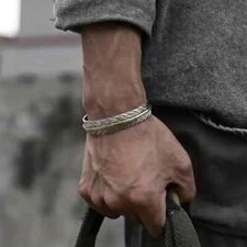 Men Vintage Silver Feather Cuff Bracelet Adjustable Wrist Bangle Bracelet Gift