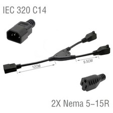1ft Y-Splitter, IEC 320 C14 Male to 2XNema 5-15R splitter Y Power Adapter cord