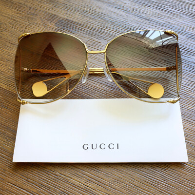 Gucci GG0252S 003 63mm Butterfly Sunglasses in Gold/Brown Lens 