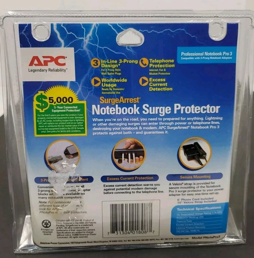 APC Notebook Laptop Power Surge Protector PNOTE PRO3 Mobile In-line 3 Prong New - Image 2 of 2