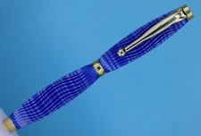 Blue and Silver Slimline Ballpoint Pen with 3D Printed Waves in Gold/Chrome/Cop