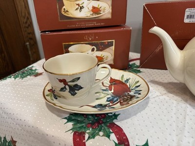 Lenox -Winter Greetings Fluted Dessert Plate & Cup Red Cardinal Gold Rim  THREE