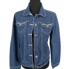 Vintage 90s Embroidered Country Cottage Medium Blue Denim Jacket Womens Sz PM