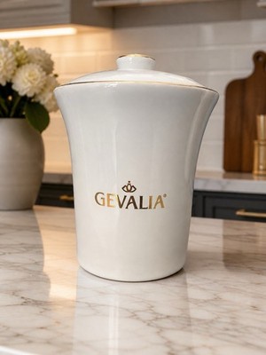 Gevalia White Ceramic Coffee Canister w/ Lid Gold Trim Kitchen Storage Jar