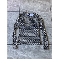 La Blanca Women Long Sleeve Rash Guard Swim Top Geometric Ikat Black White Tan L