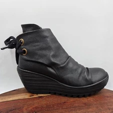Fly London Yama Boots Women's 38 / 7.5 Black Leather Platform Lug Wedge Booties