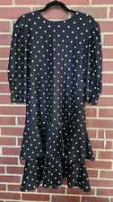 Vintage 1980s Black White Polka Dot Drop Waist Midi Dress Puff Sleeve Size 10