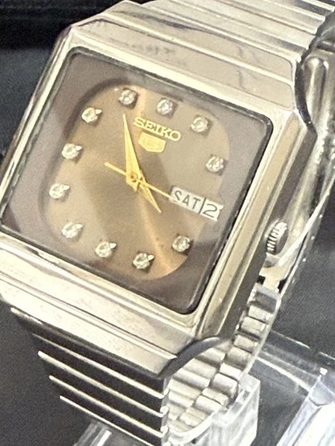 Vintage 1984 Seiko 5 TV Dial 6349-503B Automatic 23 Jewels Brown Sunburst Watch