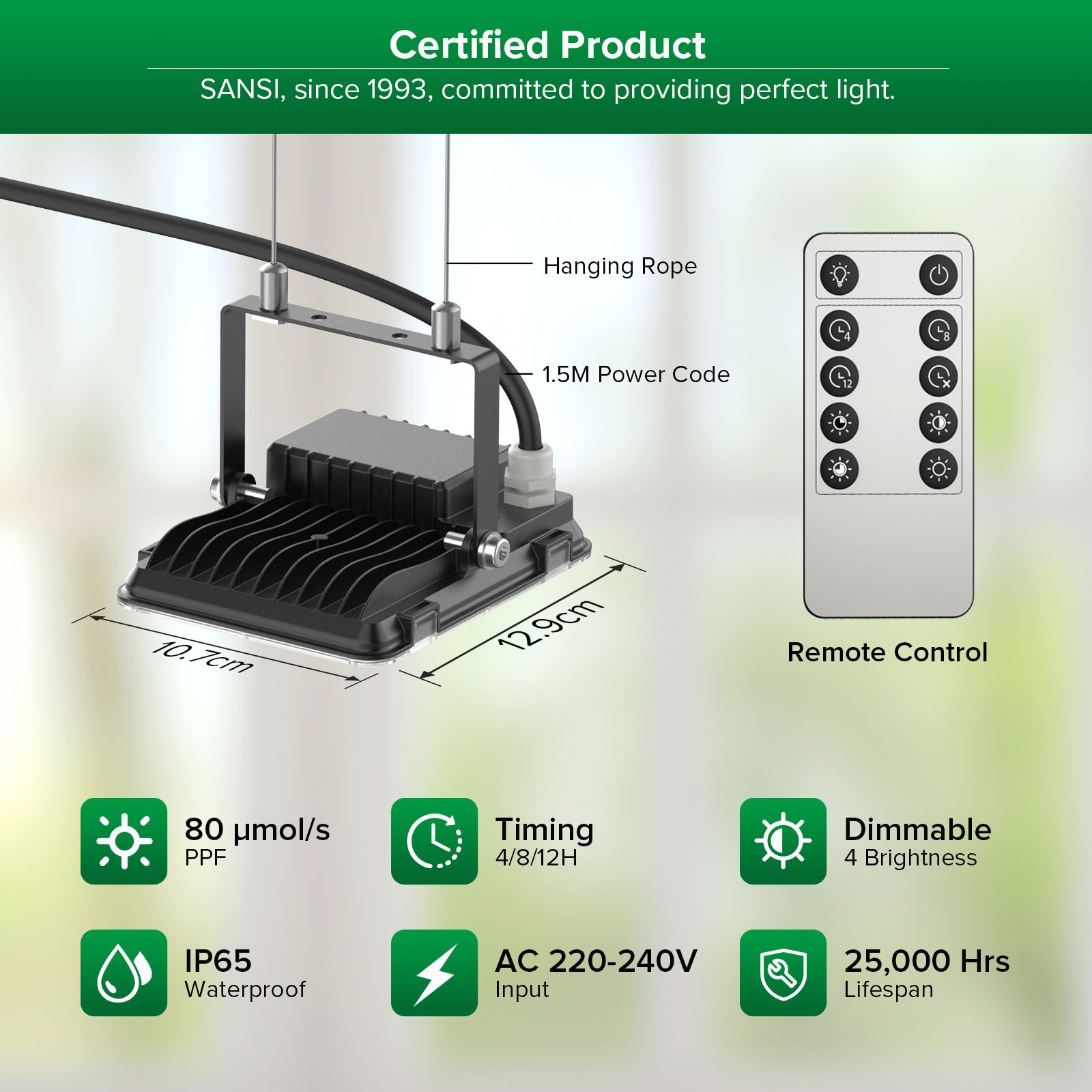Dimmable LED Grow Lights 45W (340W Equiv.) Full Spectrum Panel light W/Remote