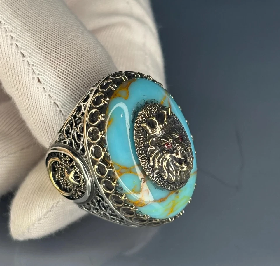 Turquoise Lion Head Men’s Ring 925 Sterling Silver, Bronze Accents Ring size 11 - Image 2 of 4