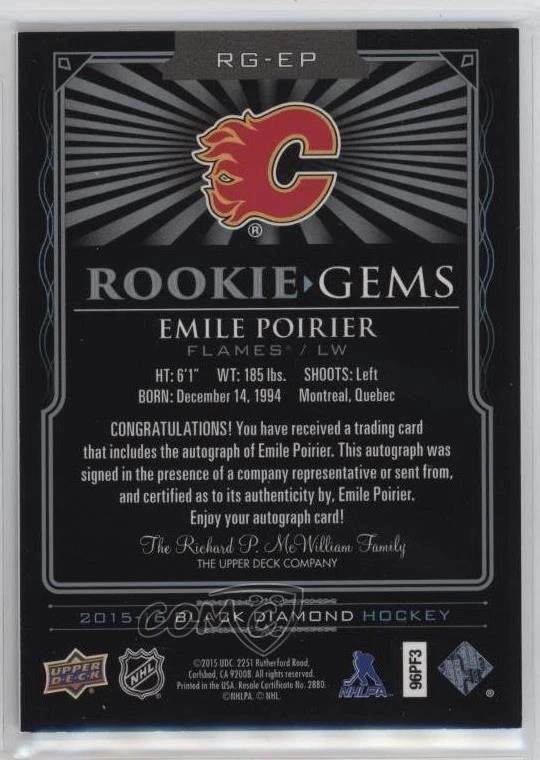 2015 Black Diamond Rookie Gems Pure Signatures /99 Emile Poirier #RG-EP Auto RC - Image 2 of 2