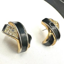 Vintage 80s Black Enamel Clear Rhinestone X Clip-on Earrings Gold Tone Jewelry
