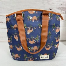 Fit Fresh Insulated Lunch Bag Navy Sloth Floral Print Zipper Top Handles