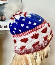 Hand Knits 2 love Beanie Slouch Winter Hat American Flag Heart Faux Fur Pom Pom