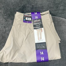Kirkland Signature Women's Travel Pant Beige 4-Way Stretch Zip Pocket 14 27" NEW