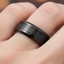 8mm Tungsten Wedding Band Black Ring with Black Carbon Fiber Inlay Design