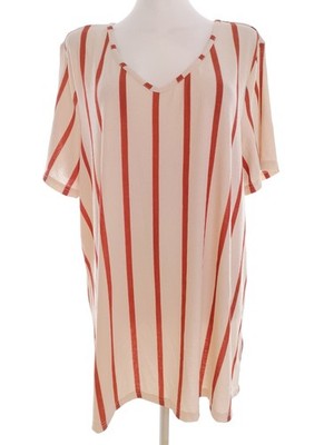 ZIZZI Damen Tunika Bluse Gr. M Beige Kurzer Ärmel Streifen V-Ausschnitt