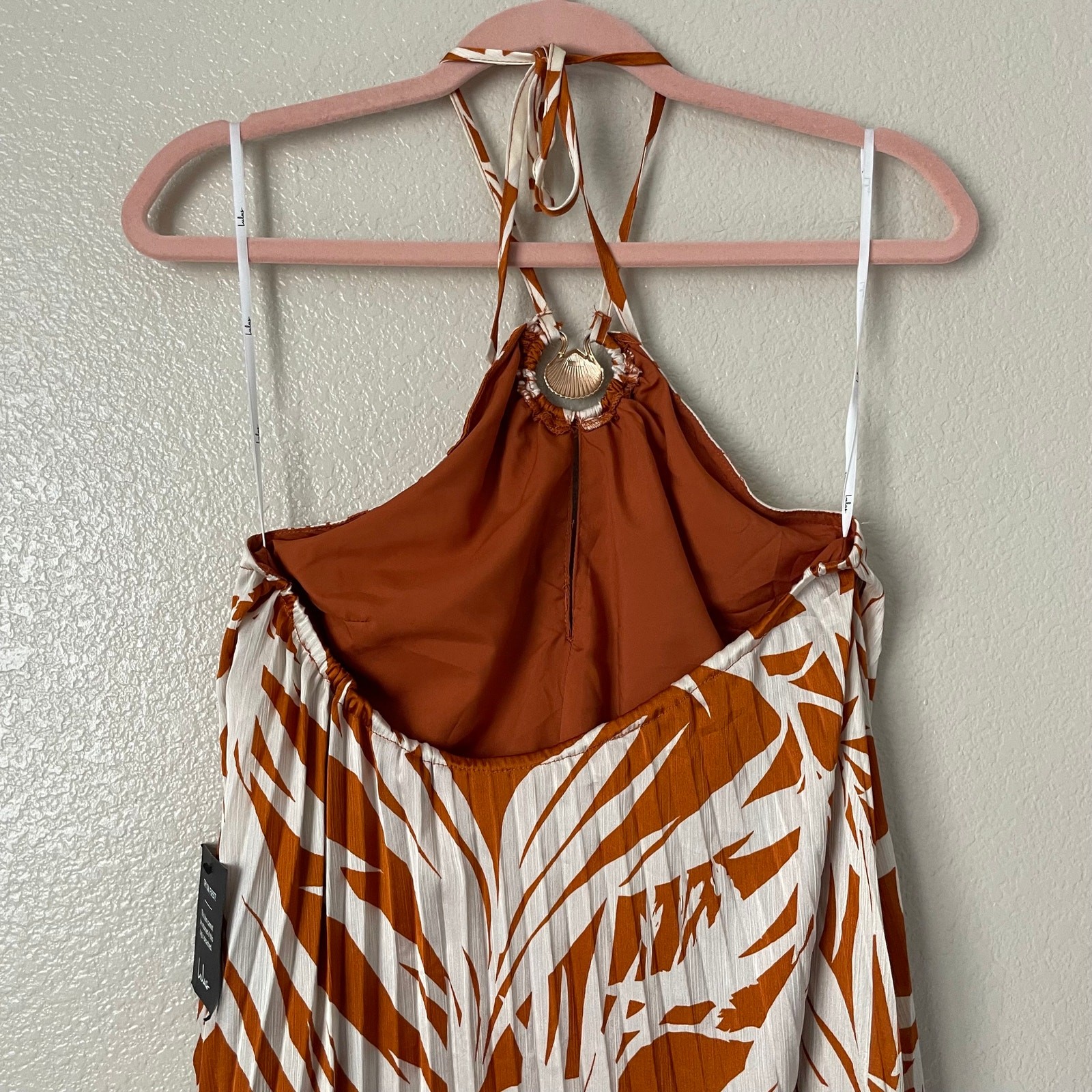 Lulus Dress Womens Small Orange Cream Kalena Maxi Halter Pleated Palm Tree Boho