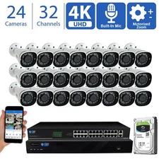 (24) 4K 8MP Motorized Zoom Microphone POE NVR AI Bullet Security Camera System
