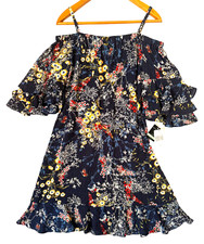 Gabby Skye Dress A Line Sz 8 Blue Off Shoulders Floral Butterfly Striped Ruffles