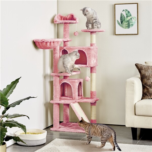 144.5cm Cat Tree Tower Luxurious Cat Condo House w/ Platforms Ladders Scratchers