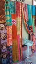 2 Pcs Indian Sari Patchwork Curtain Drape Window Decor Multi Silk Sari Curtain