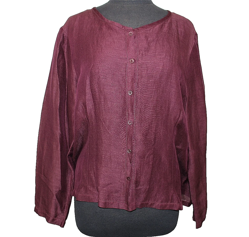 A8 全新 EILEEN FISHER 真丝亚麻纽扣前勃艮第长袖衬衫上衣 XL