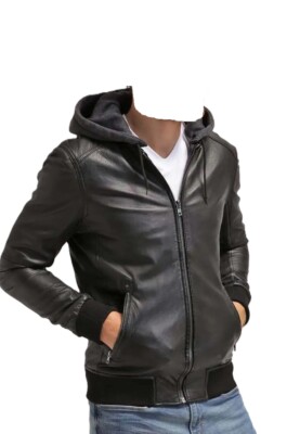 Men's Real Lambskin Leather Removable Hood Bomber Jacket Moto Biker Winter Coat