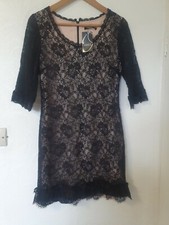 Oasis Black Floral Lace Nude Lining Dress Size 12 evening wedding 