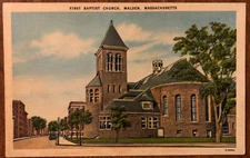 Linen Postcard UNP First Baptist Church Malden Massachusetts Old Car On Street
