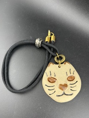 Cat Face Caldera Ceramic Whimsical Brown Pendant VTG Necklace 22' Cord Signed