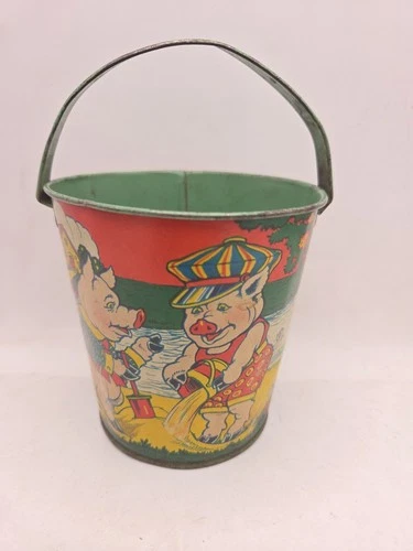 Vintage J. Chein & Co. Made in U.S.A. "The Three Little Pigs" Sand Pail W/ Wolf