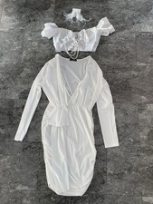 3 tlg. Set weiß glänzend Langarm Longbluse, Kurztop, Ohrringe XL
