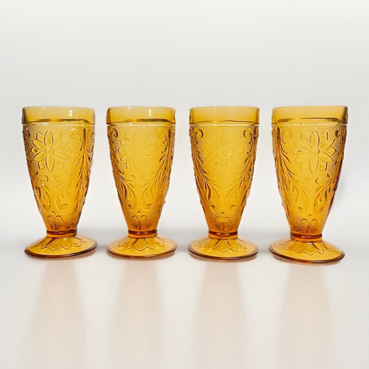 Indiana Glass Tiara Sandwich Amber Footed Iced Tea Glasses Set 4 Vintage