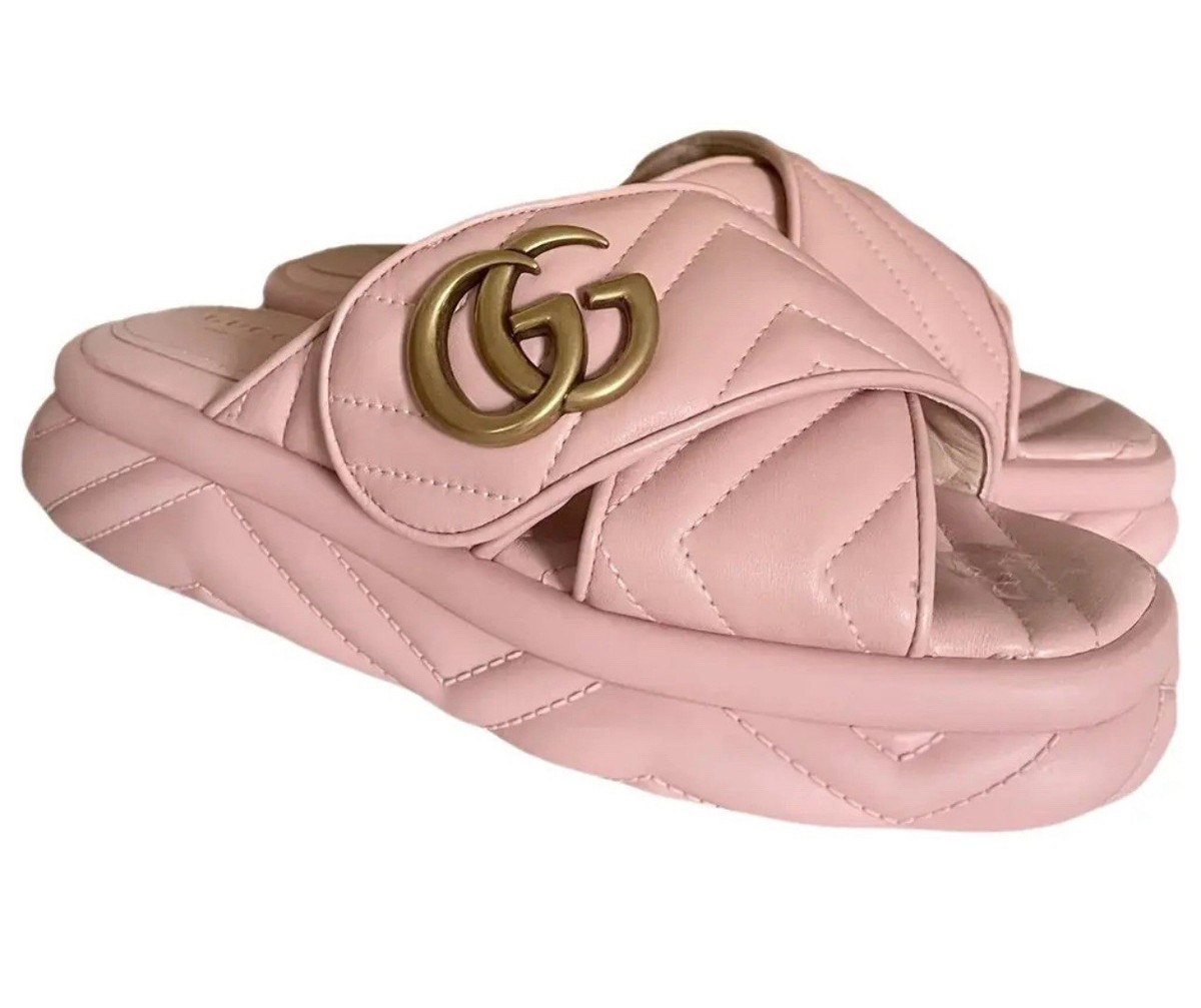 Gucci Marmont Double G Quilted Nappa Leather Thong Slide Sandals