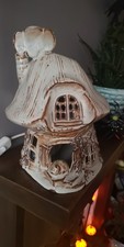 Studio Pottery Cottage Table Lamp, Mushroom House With Cat On The Doorstep!