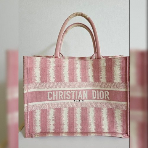 Christian Dior Book Tote Medium Pink White Striped Canvas Embroidery Handbag