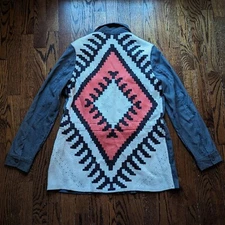 Davi & Dani Womens S M Gray Corduroy Aztec Southwest Crochet Shirt Jacket Anorak