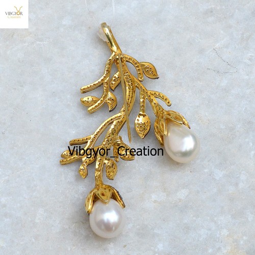Pave Diamond Leaf Brooch 925 Silver Pearl Jewelry 14k Gold Plated Unisex Pin - Picture 4 of 4