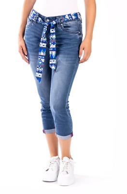 BLUE MONKEY DAMENJEANS B  WARE NEU BLAU 3/4 LÄNGE CAPRI SHORTS SATINÄHNL.GÜRTEL
