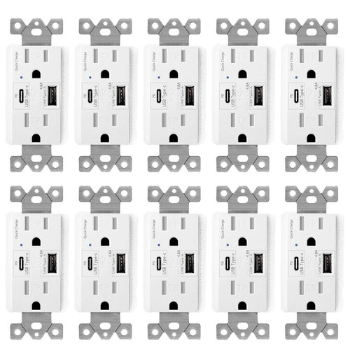 4.8A 24W Type-C USB Wall Outlet Quick Charge 3.0 Duplex Receptacle White 10 Pack