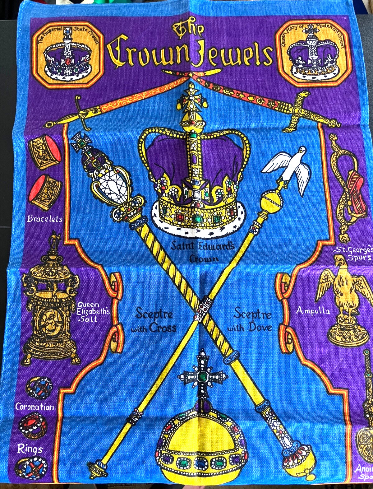 NEW NOS VTG Ulster Irish Linen Tea Towel THE CROWN JEWELS Royalty Souvenir