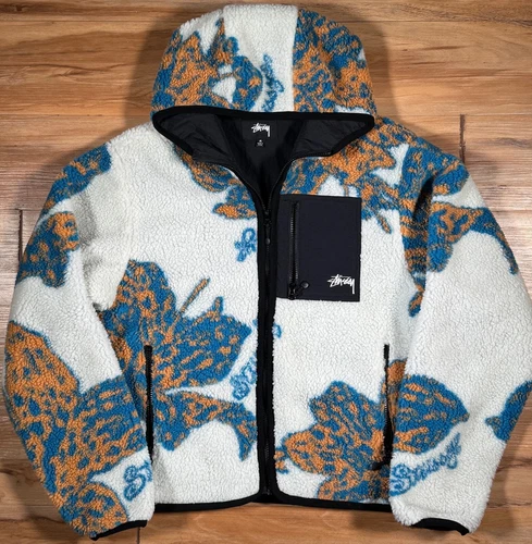 Stussy BONE WHITE Sherpa Blue Orange Floral Deep Pile Fleece Hoodie Jacket Zip M