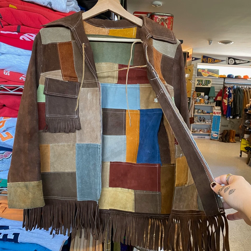 1960s Vintage SUEDE Patchwork Jacket Retro Leather Fringe Coat Hippy Boho - Image 3 of 4