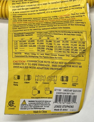 Jones Stephens 4' G71150 5/8" Gas Connector Coated with Fitting 3/4" MIP x 3/4" - Picture 2 of 2