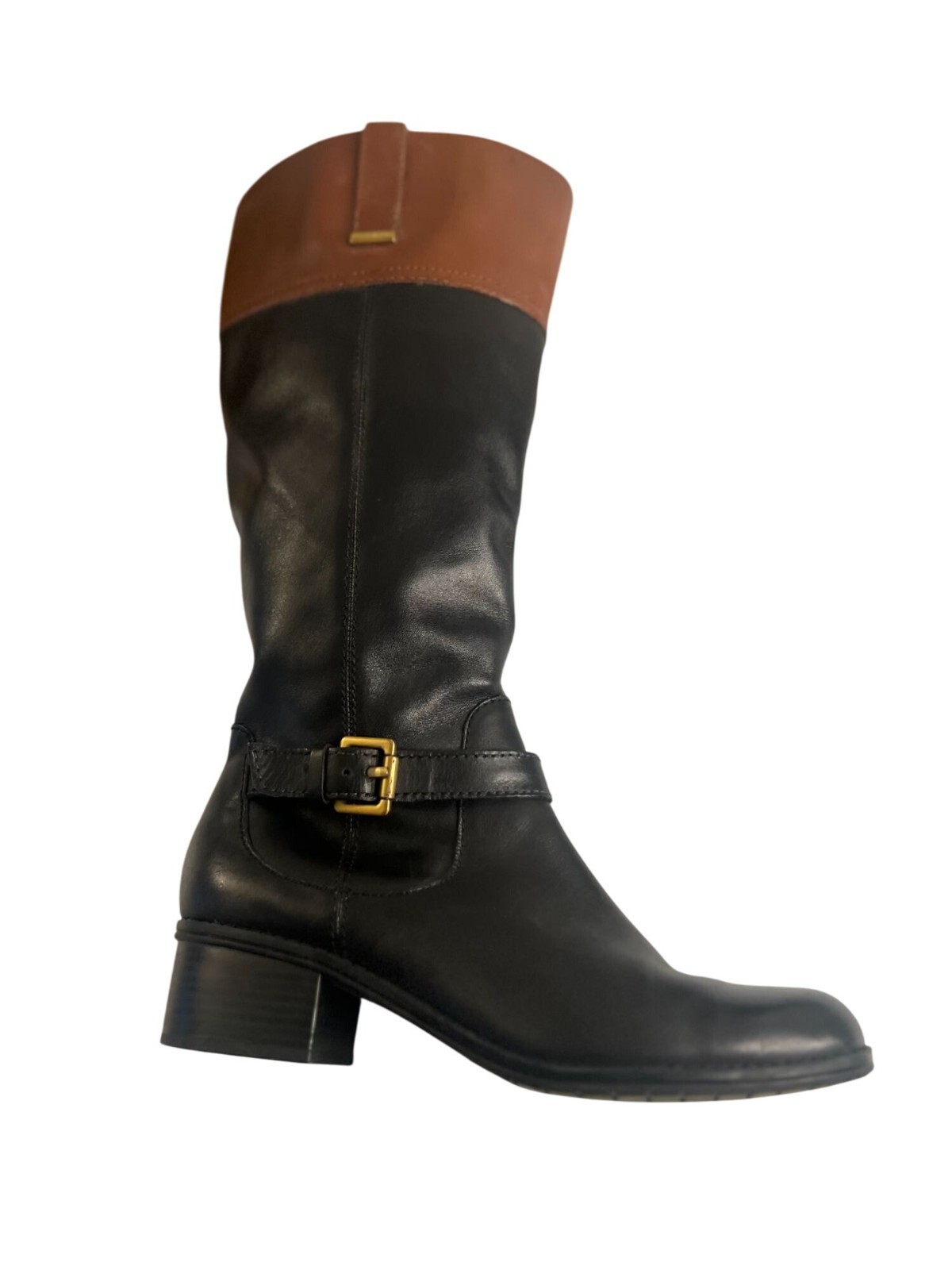 Bandolino BDCarllow Womens Black & Brown Leather Knee-High Boots With Buckle & Z