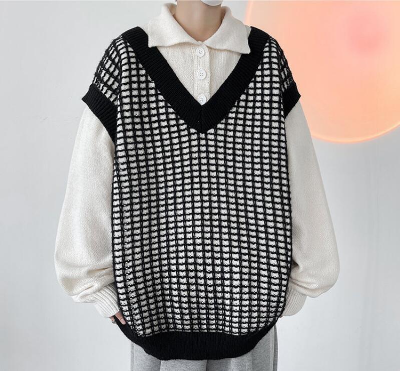 Men's Autumn Fashion Youth Shirt Collar Long Sleeve Loose Plaid Kniting  Sweater