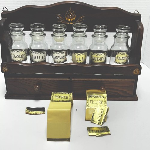 VTG Small Spice Rack Dark Wood 6 Glass Jars 2 Drawers Original Tags ...